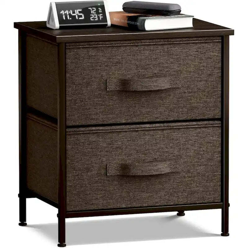 Table de Chevet 2 Tiroirs, Organisateur Commode à Cadre en Acier, Dessus en Bois, Bacs en Tissu