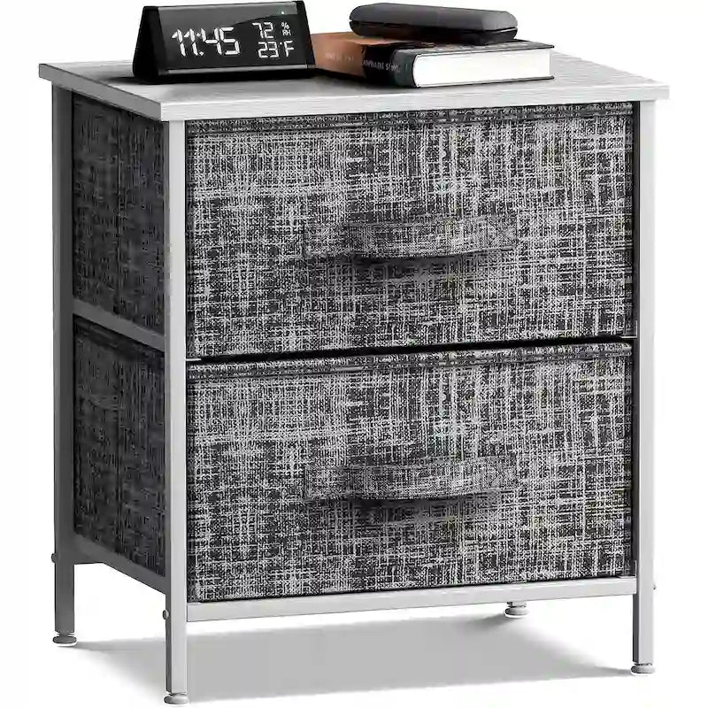 Table de Chevet 2 Tiroirs, Organisateur Commode à Cadre en Acier, Dessus en Bois, Bacs en Tissu