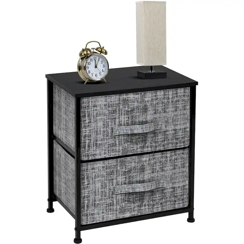 Table de Chevet 2 Tiroirs, Organisateur Commode à Cadre en Acier, Dessus en Bois, Bacs en Tissu