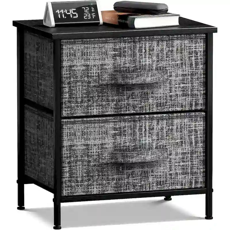 Table de Chevet 2 Tiroirs, Organisateur Commode à Cadre en Acier, Dessus en Bois, Bacs en Tissu
