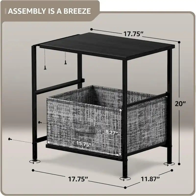 Table de Chevet 2 Tiroirs, Organisateur Commode à Cadre en Acier, Dessus en Bois, Bacs en Tissu