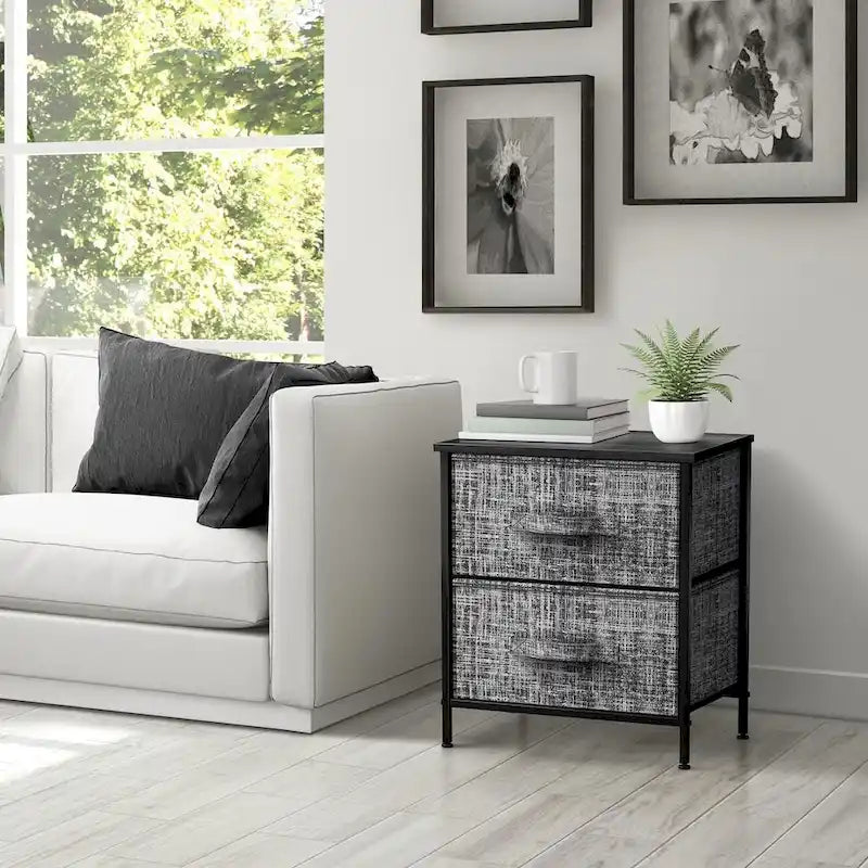 Table de Chevet 2 Tiroirs, Organisateur Commode à Cadre en Acier, Dessus en Bois, Bacs en Tissu
