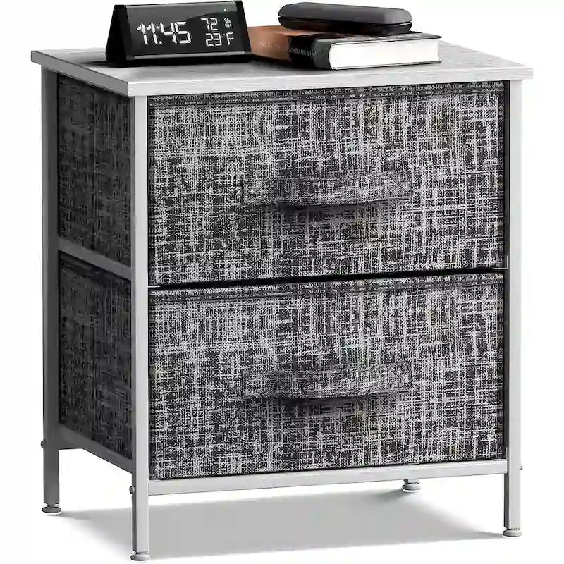 Table de Chevet 2 Tiroirs, Organisateur Commode à Cadre en Acier, Dessus en Bois, Bacs en Tissu