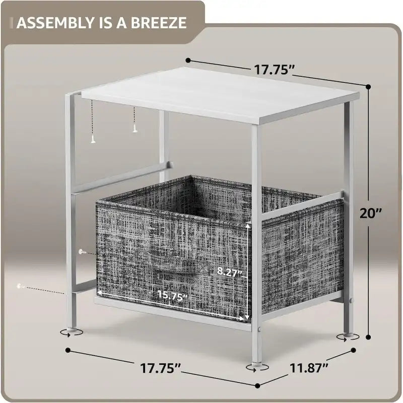 Table de Chevet 2 Tiroirs, Organisateur Commode à Cadre en Acier, Dessus en Bois, Bacs en Tissu