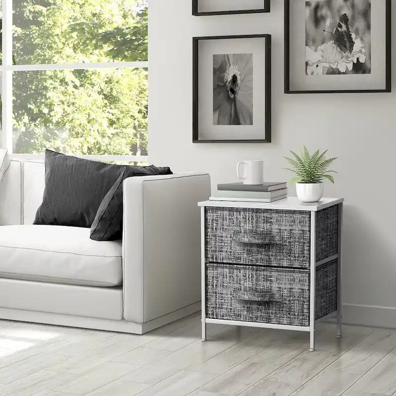 Table de Chevet 2 Tiroirs, Organisateur Commode à Cadre en Acier, Dessus en Bois, Bacs en Tissu