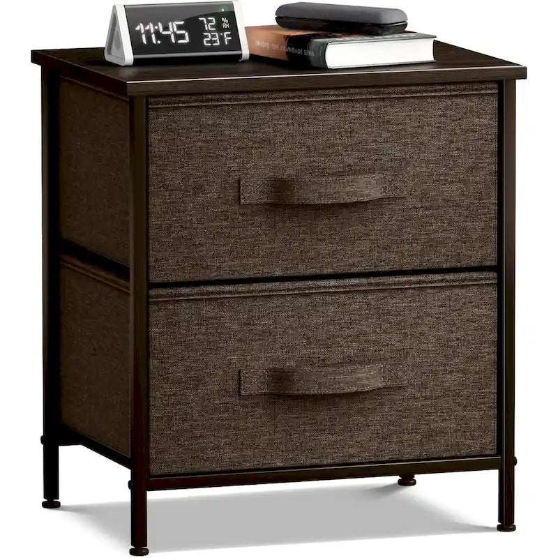 Table de Chevet 2 Tiroirs, Organisateur Commode à Cadre en Acier, Dessus en Bois, Bacs en Tissu