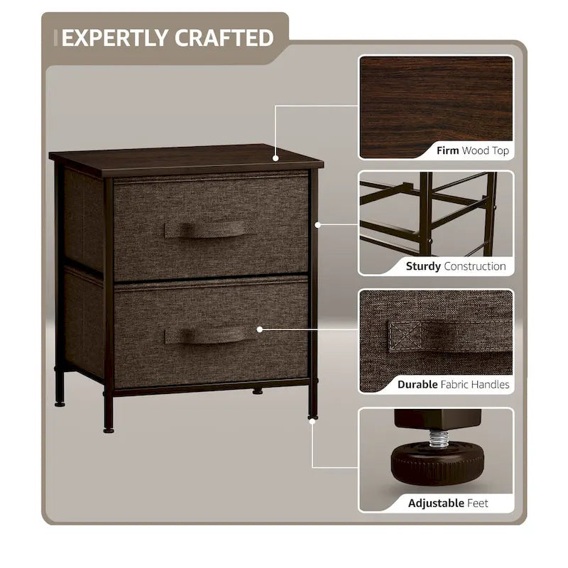 Table de Chevet 2 Tiroirs, Organisateur Commode à Cadre en Acier, Dessus en Bois, Bacs en Tissu