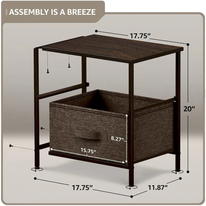 Table de Chevet 2 Tiroirs, Organisateur Commode à Cadre en Acier, Dessus en Bois, Bacs en Tissu