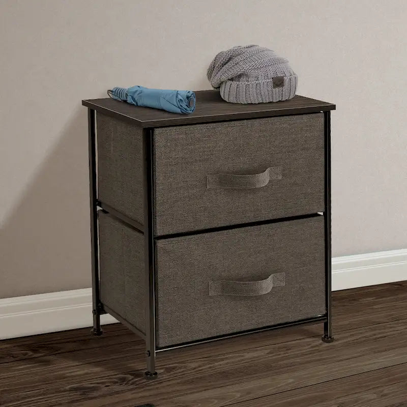 Table de Chevet 2 Tiroirs, Organisateur Commode à Cadre en Acier, Dessus en Bois, Bacs en Tissu