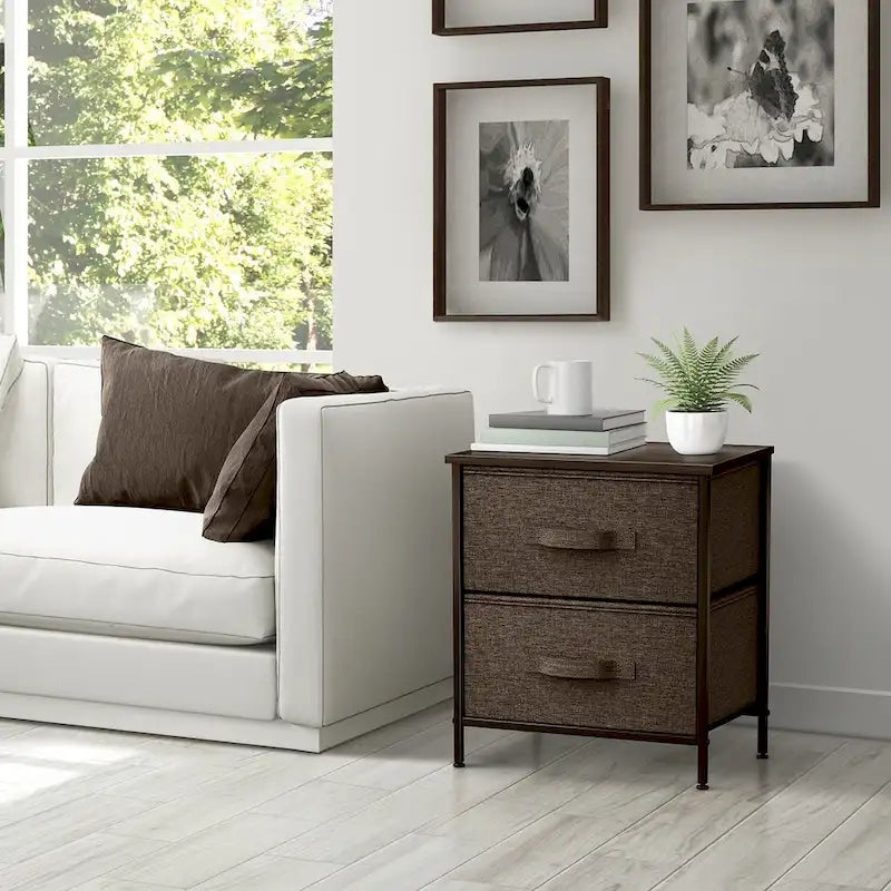 Table de Chevet 2 Tiroirs, Organisateur Commode à Cadre en Acier, Dessus en Bois, Bacs en Tissu