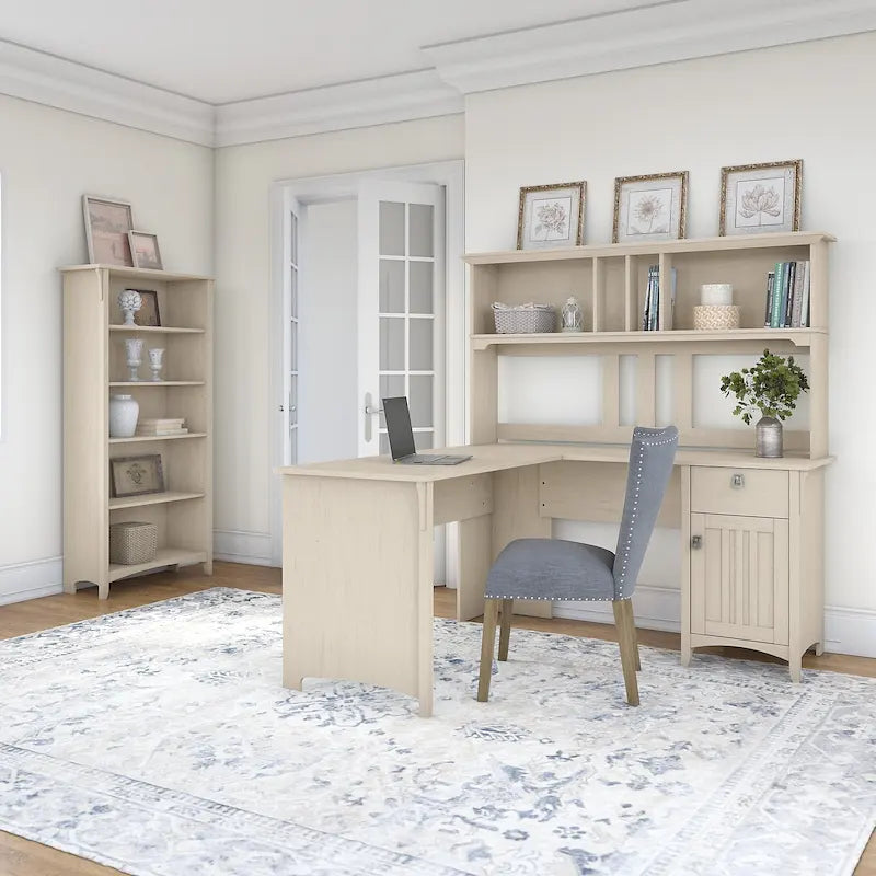 Bureau d'angle Salinas 60W avec huche et bibliothèque 5 étagères, blanc
