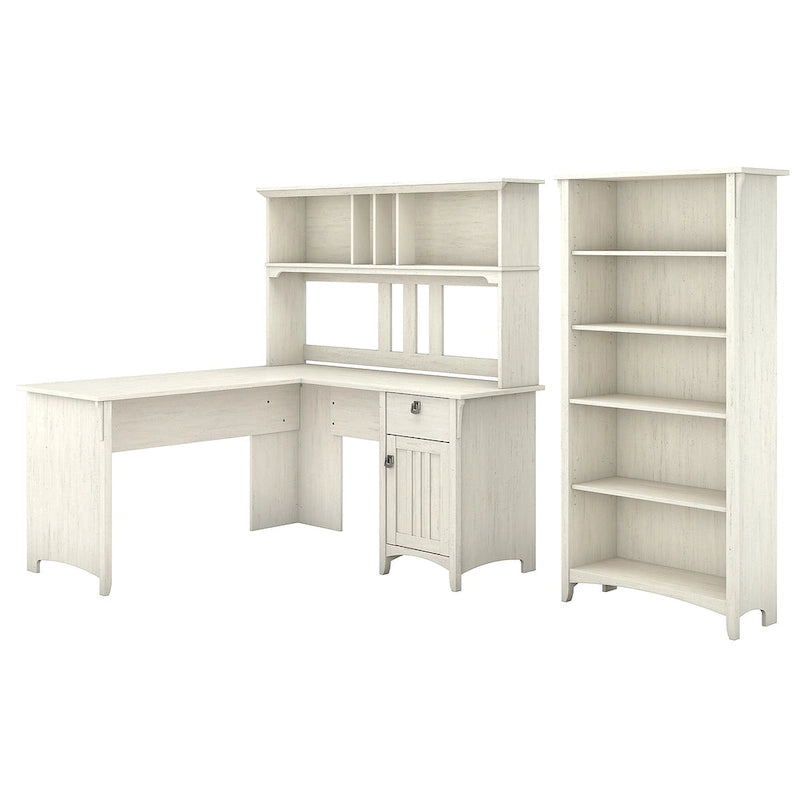 Bureau d'angle Salinas 60W avec huche et bibliothèque 5 étagères, blanc
