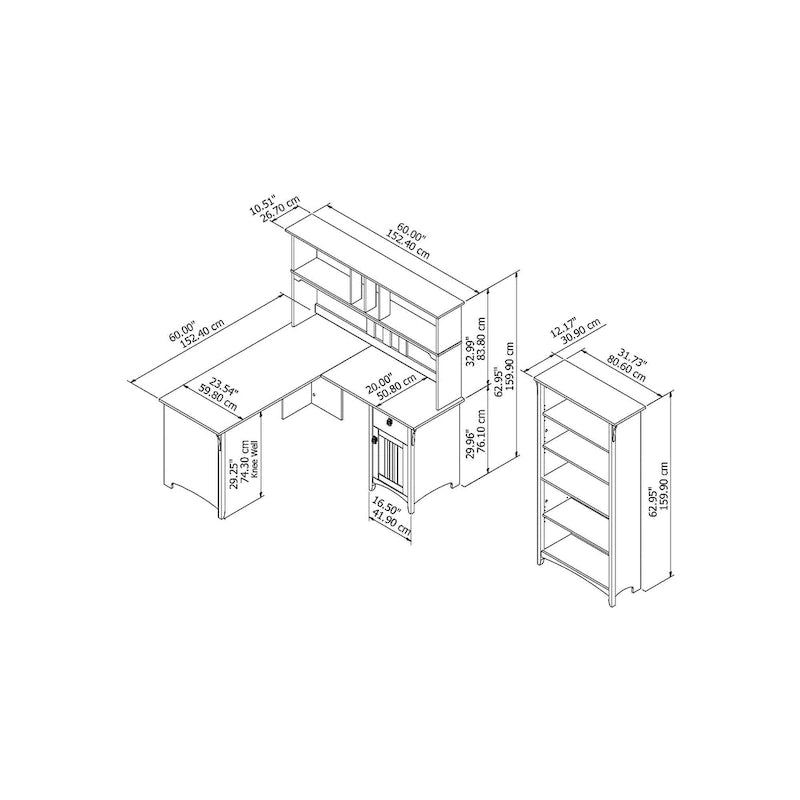 Bureau d'angle Salinas 60W avec huche et bibliothèque 5 étagères, blanc