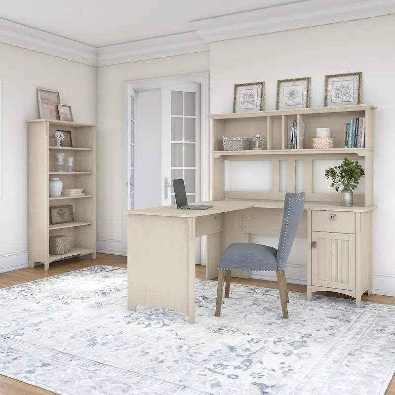 Bureau d'angle Salinas 60W avec huche et bibliothèque 5 étagères, blanc