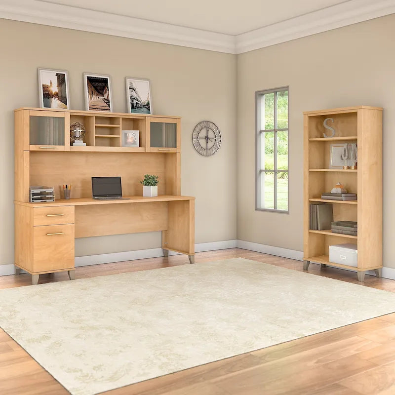 Bureau de 72 po de large avec huche et bibliothèque à 5 étagères Somerset, gris cendré