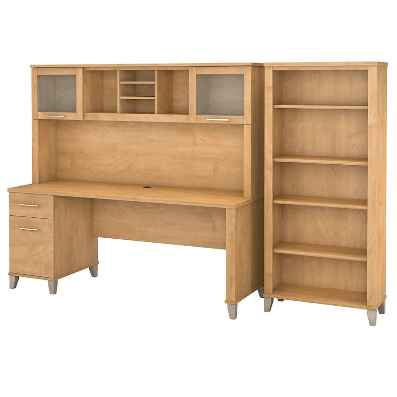 Bureau de 72 po de large avec huche et bibliothèque à 5 étagères Somerset, gris cendré