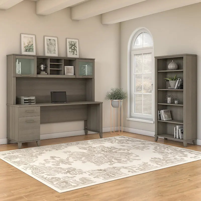 Bureau de 72 po de large avec huche et bibliothèque à 5 étagères Somerset, gris cendré