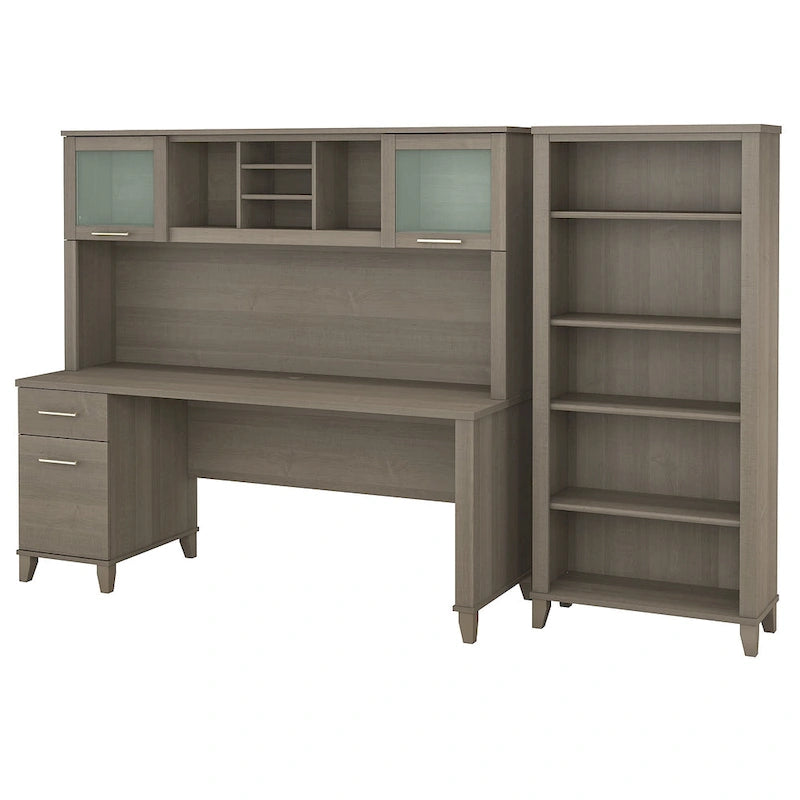 Bureau de 72 po de large avec huche et bibliothèque à 5 étagères Somerset, gris cendré