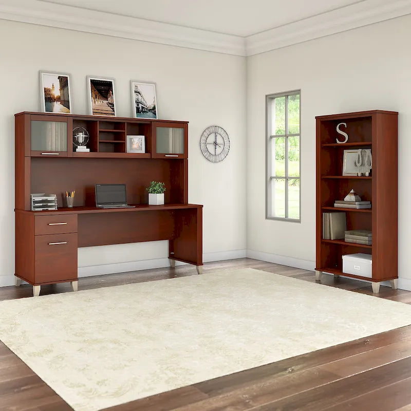 Bureau de 72 po de large avec huche et bibliothèque à 5 étagères Somerset, gris cendré