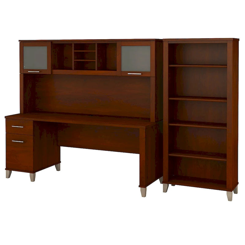 Bureau de 72 po de large avec huche et bibliothèque à 5 étagères Somerset, gris cendré