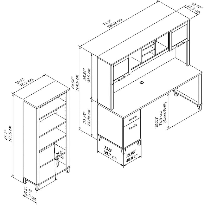 Bureau de 72 po de large avec huche et bibliothèque à 5 étagères Somerset, gris cendré