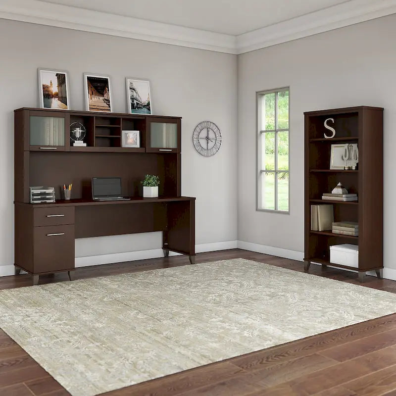Bureau de 72 po de large avec huche et bibliothèque à 5 étagères Somerset, gris cendré