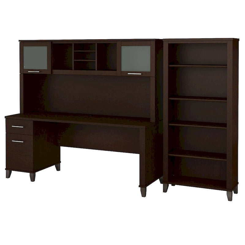 Bureau de 72 po de large avec huche et bibliothèque à 5 étagères Somerset, gris cendré