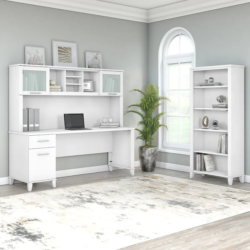 Bureau de 72 po de large avec huche et bibliothèque à 5 étagères Somerset, gris cendré