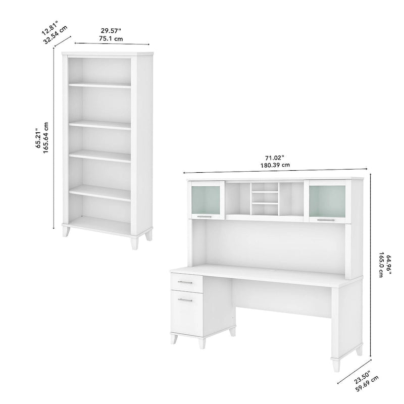 Bureau de 72 po de large avec huche et bibliothèque à 5 étagères Somerset, gris cendré