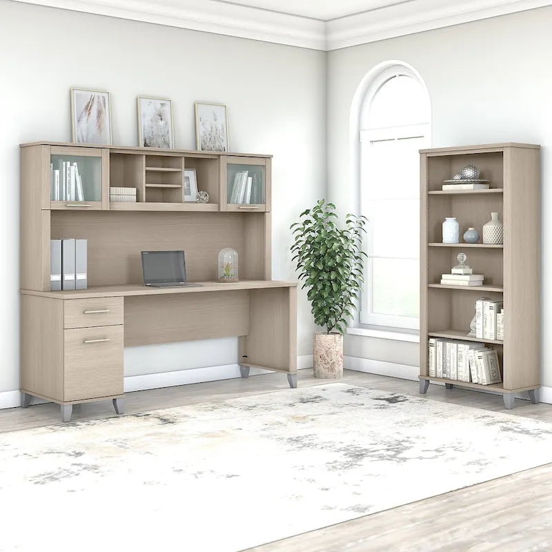 Bureau de 72 po de large avec huche et bibliothèque à 5 étagères Somerset, gris cendré