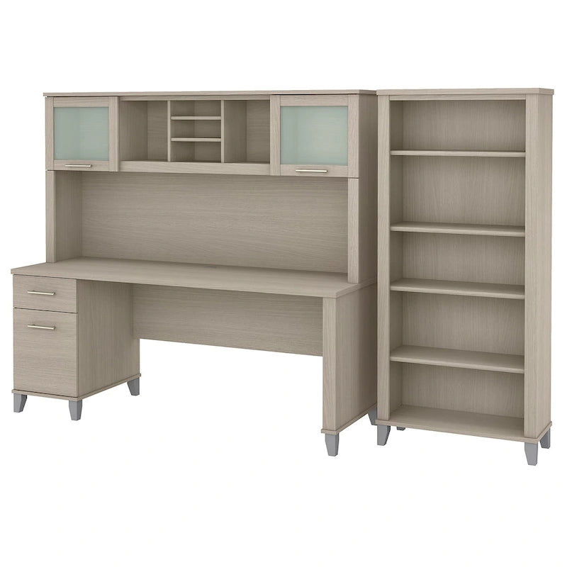Bureau de 72 po de large avec huche et bibliothèque à 5 étagères Somerset, gris cendré