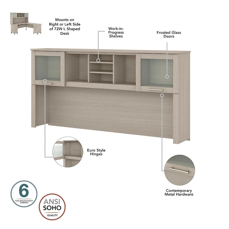 Bureau de 72 po de large avec huche et bibliothèque à 5 étagères Somerset, gris cendré