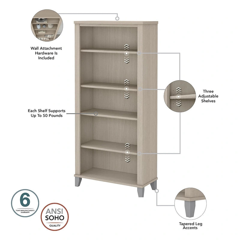 Bureau de 72 po de large avec huche et bibliothèque à 5 étagères Somerset, gris cendré
