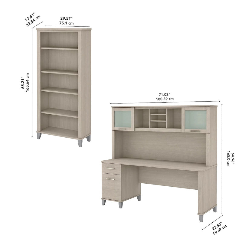 Bureau de 72 po de large avec huche et bibliothèque à 5 étagères Somerset, gris cendré