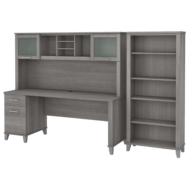 Bureau de 72 po de large avec huche et bibliothèque à 5 étagères Somerset, gris cendré