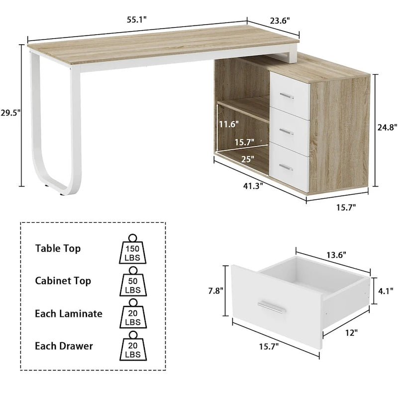 Bureau d'ordinateur de rangement en L Timechee de 55 pouces