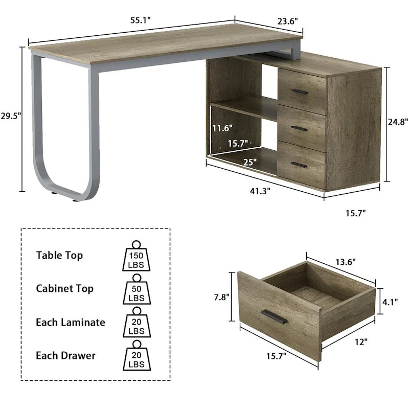 Bureau d'ordinateur de rangement en L Timechee de 55 pouces