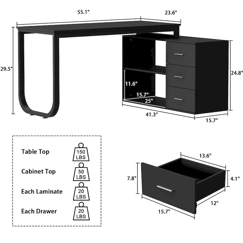 Bureau d'ordinateur de rangement en L Timechee de 55 pouces
