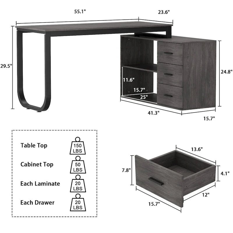 Bureau d'ordinateur de rangement en L Timechee de 55 pouces