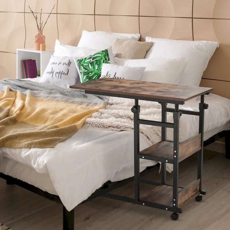 Table d'appoint de canapé roulante mobile en C industrielle HOMCOM avec étagères de rangement à 3 niveaux, hauteur réglable et roulettes