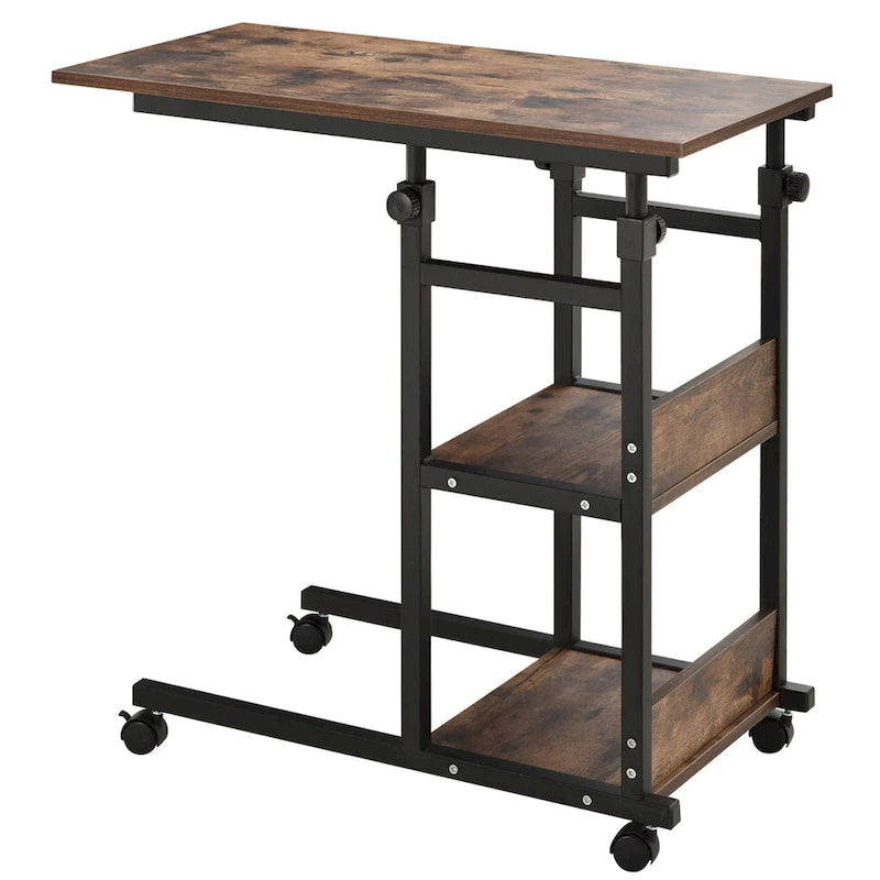 Table d'appoint de canapé roulante mobile en C industrielle HOMCOM avec étagères de rangement à 3 niveaux, hauteur réglable et roulettes