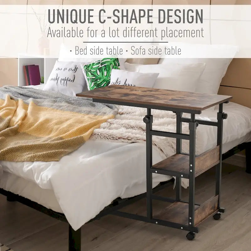 Table d'appoint de canapé roulante mobile en C industrielle HOMCOM avec étagères de rangement à 3 niveaux, hauteur réglable et roulettes