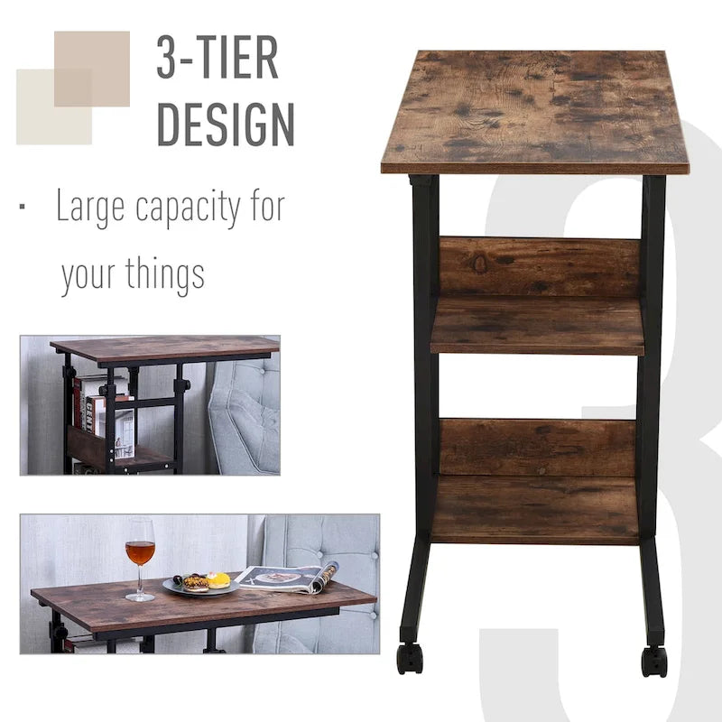 Table d'appoint de canapé roulante mobile en C industrielle HOMCOM avec étagères de rangement à 3 niveaux, hauteur réglable et roulettes