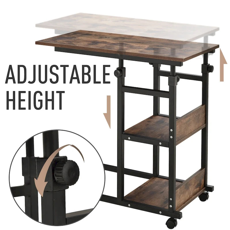 Table d'appoint de canapé roulante mobile en C industrielle HOMCOM avec étagères de rangement à 3 niveaux, hauteur réglable et roulettes