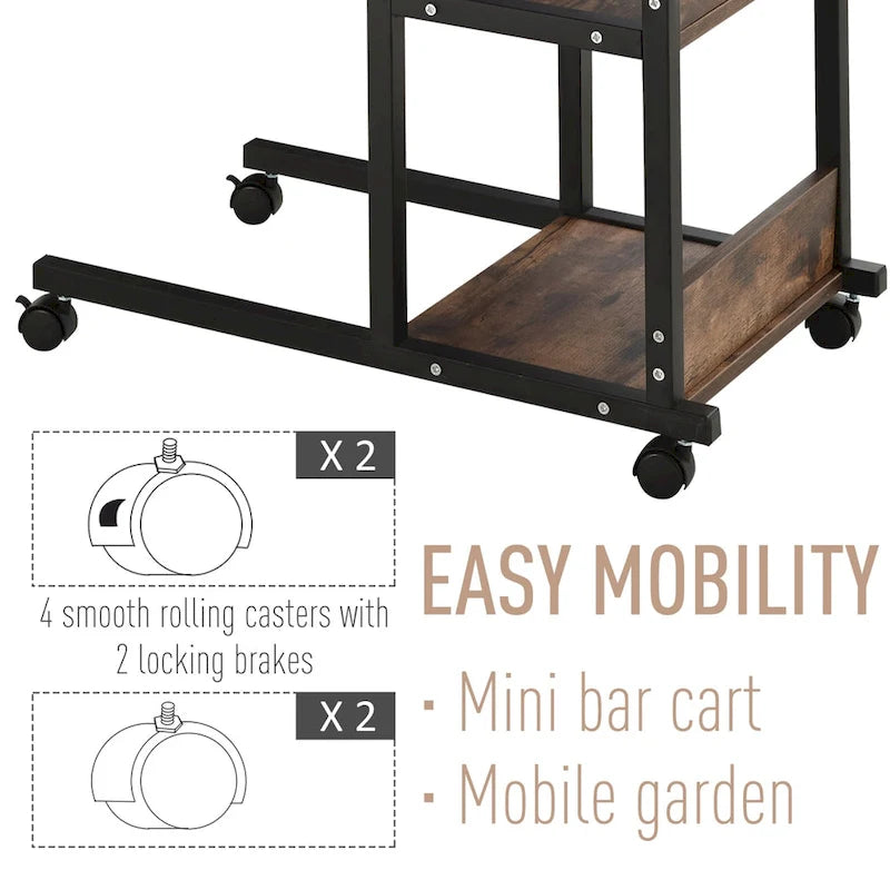 Table d'appoint de canapé roulante mobile en C industrielle HOMCOM avec étagères de rangement à 3 niveaux, hauteur réglable et roulettes