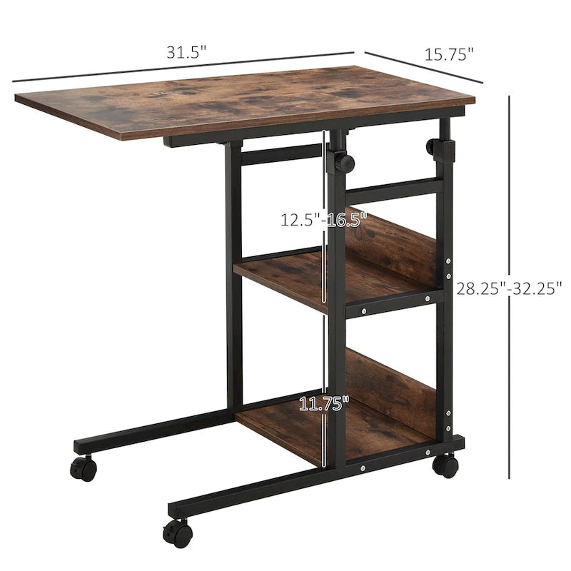 Table d'appoint de canapé roulante mobile en C industrielle HOMCOM avec étagères de rangement à 3 niveaux, hauteur réglable et roulettes
