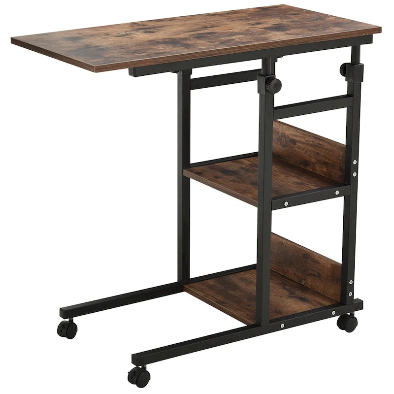 Table d'appoint de canapé roulante mobile en C industrielle HOMCOM avec étagères de rangement à 3 niveaux, hauteur réglable et roulettes