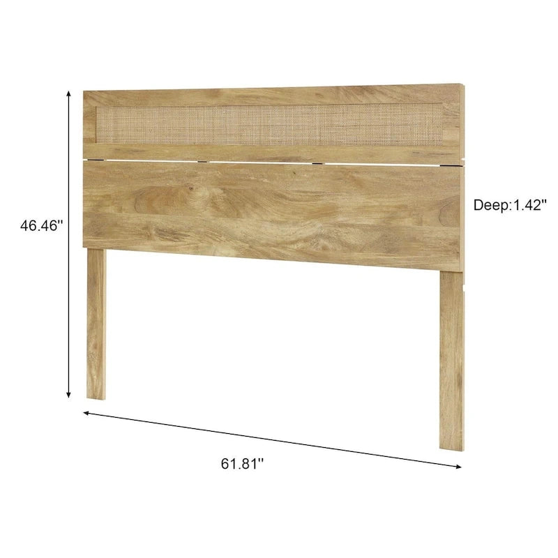 Tête de lit en bois manufacturé au fini chêne avec dessus en rotin naturel, très grand lit ou grand lit