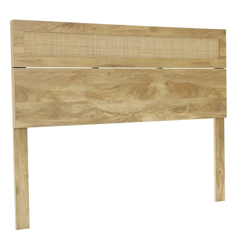 Tête de lit en bois manufacturé au fini chêne avec dessus en rotin naturel, très grand lit ou grand lit