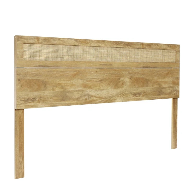 Tête de lit en bois manufacturé au fini chêne avec dessus en rotin naturel, très grand lit ou grand lit